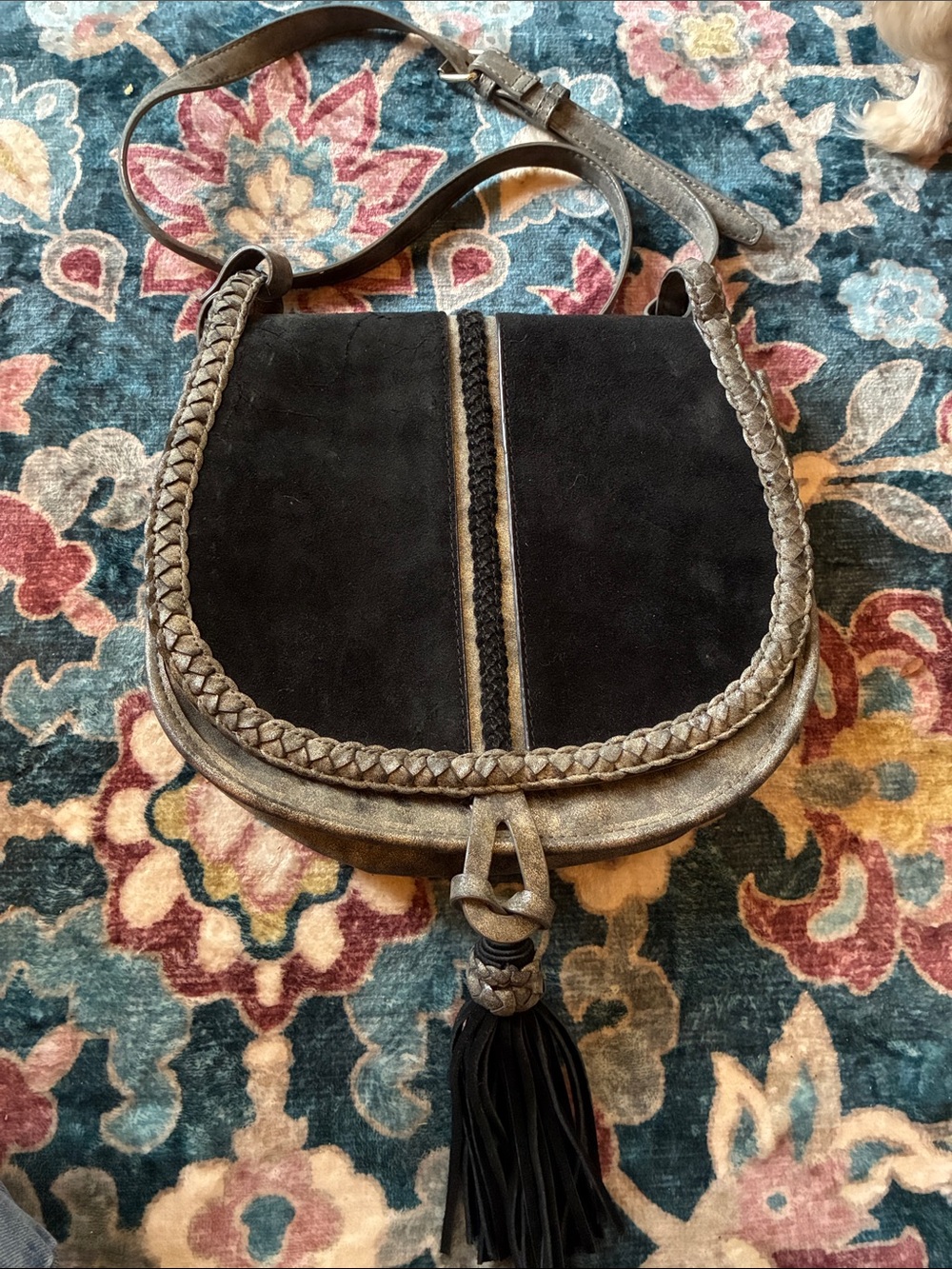 Steven By Steve Madden Black Suede Crossbody with Faux Gray Metallic Leather
